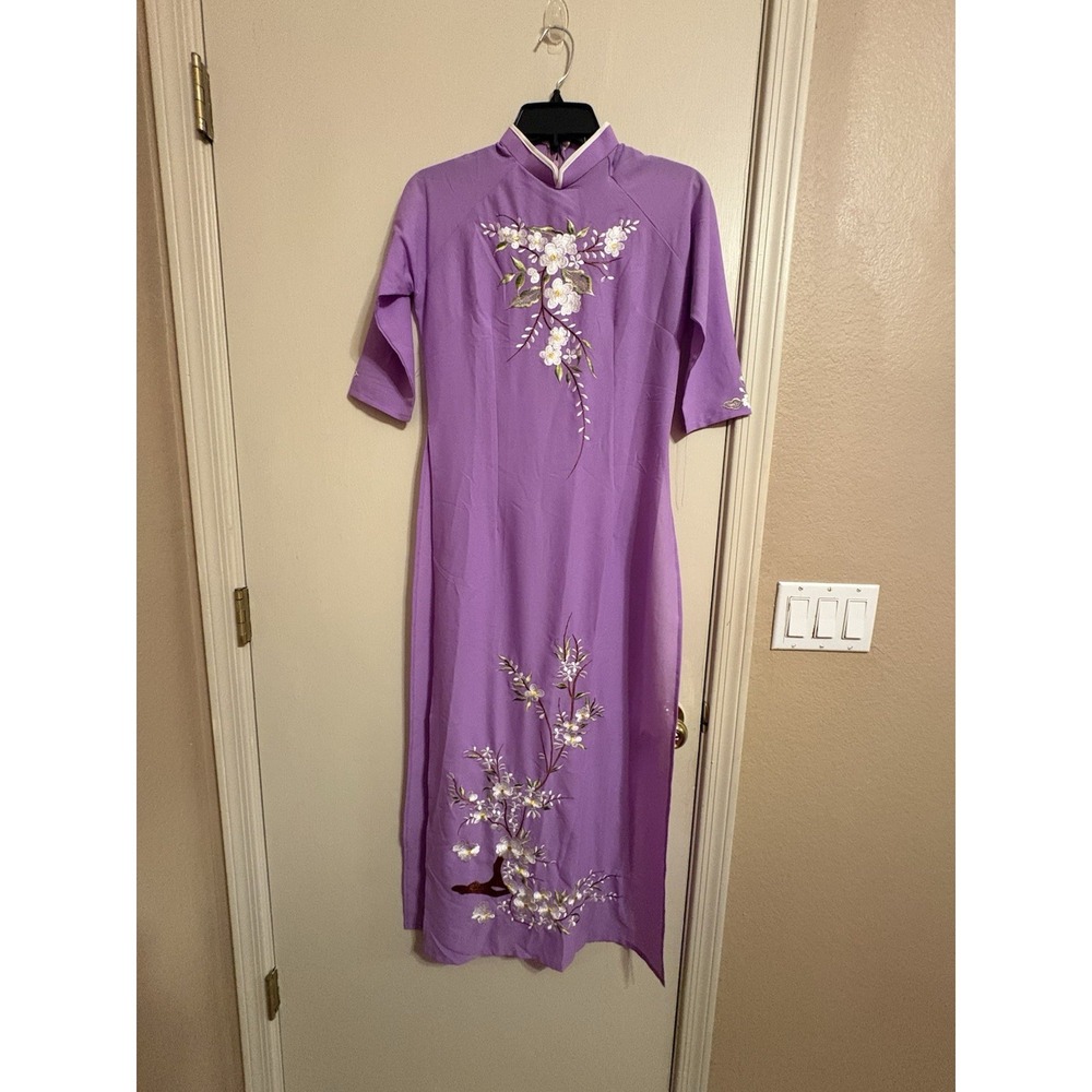 Purple Floral Embroidered Long Traditional Dress Mandarin Neckline Half Sleeve